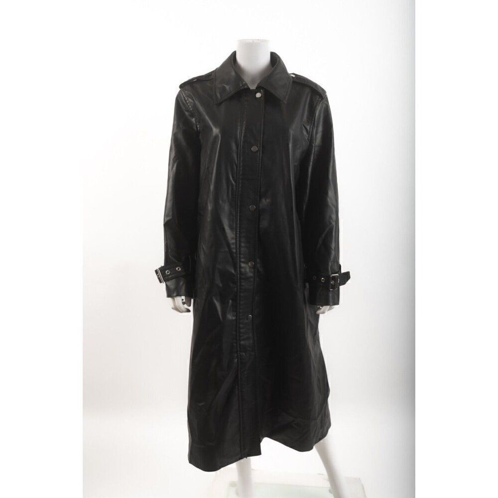 Zara Womens Trench Coat Jacket L Large Black Faux Leather 2360/958 NWT NO BELT